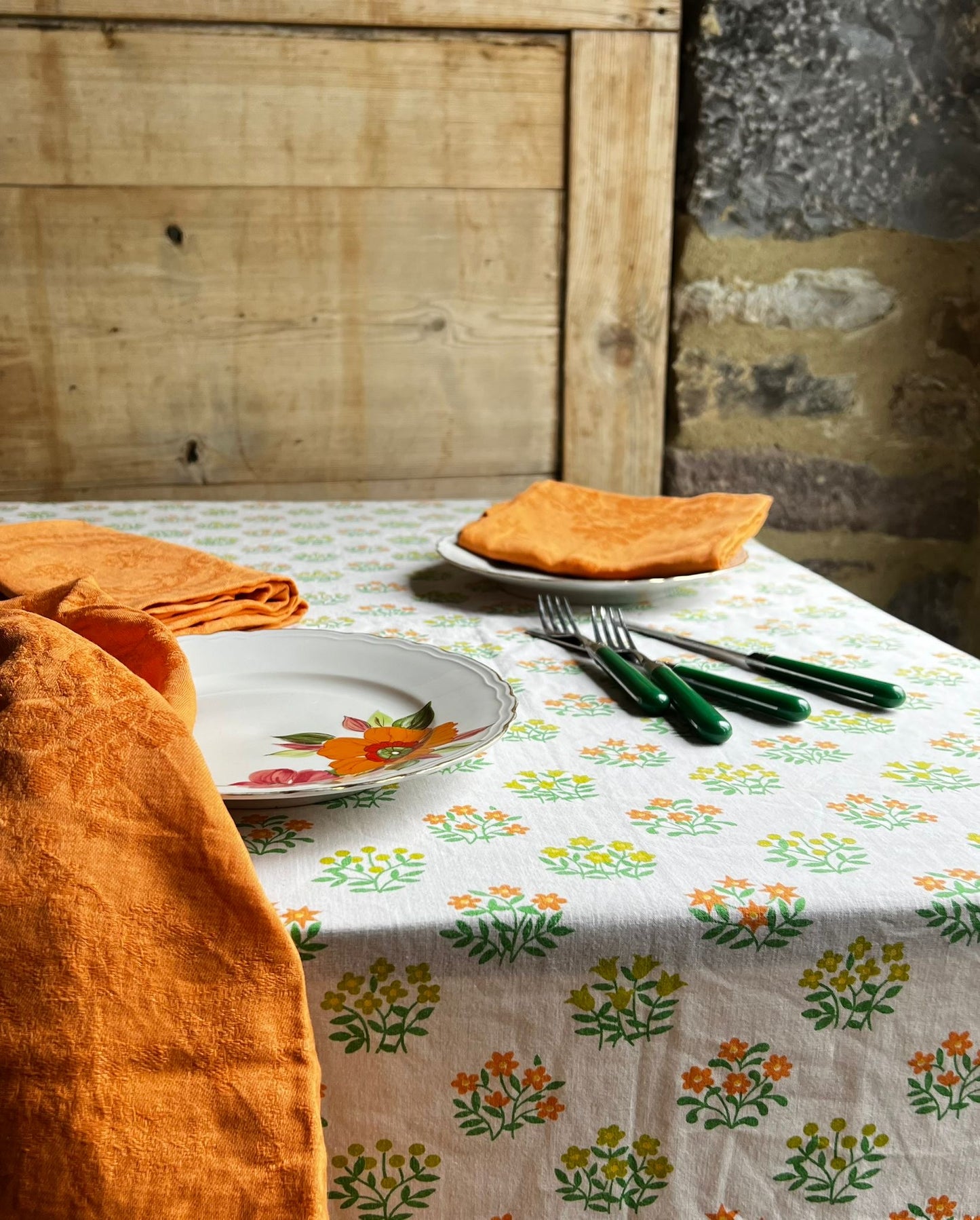 Nappe vintage coton motif vert et orange