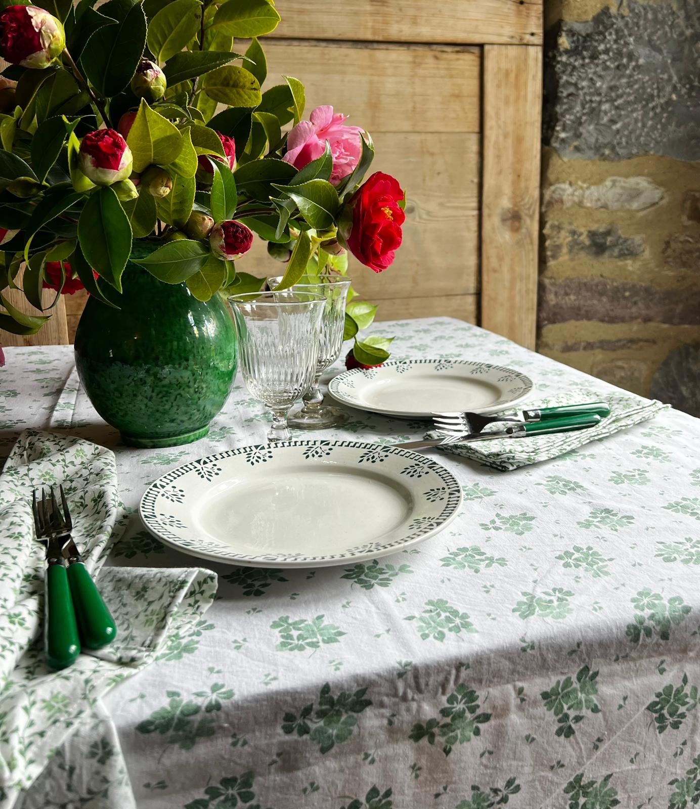 Nappe vintage coton motif vert